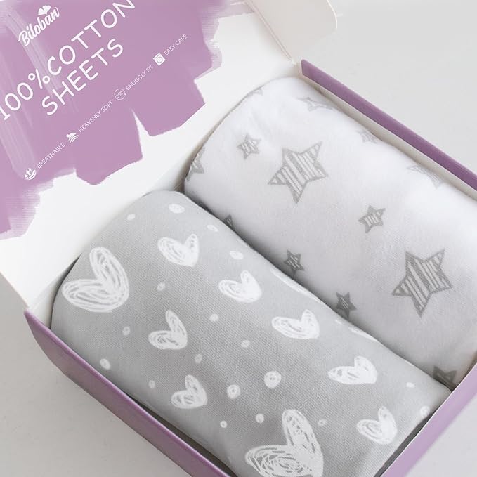 Bassinet Sheets Compatible with Babybond, Newton and QUTANIX Baby Bassinet Bedside Sleeper, 2 Pack 100% Cotton Bassinet & Bedside Sleeper Sheets, Gray and White Print for Baby