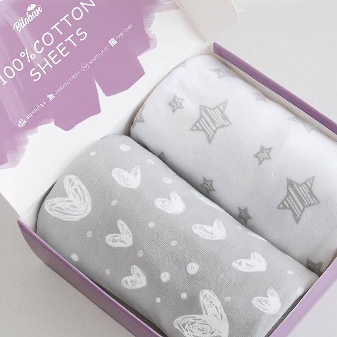 Bassinet Sheets Compatible with Baby Delight Snuggle Nest Bassinet, 2 Pack, 100% Jersey Knit Cotton Bassinet & Bedside Sleeper Sheets, Gray and White Print for Baby