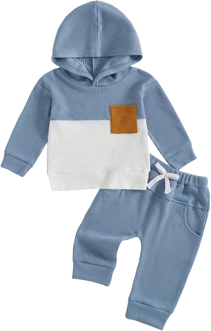 Toddler Baby Boy Hoodies Fall Clothes Waffle Contrast Color Sweatshirt Pant Set Infant Clothes 6 12 18 Months 2T 3T