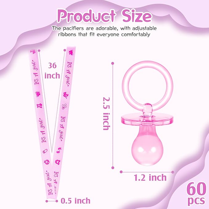 ZYFLSQ 60 Pieces Baby Shower Pacifiers Necklace, Acrylic Pacifier Necklaces for Baby Shower Games Girl Charm, Party Favors, Decorations DIY, Gender Reveal Table Scatter(Pink)