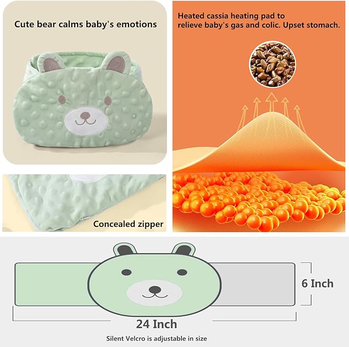 Baby Colic and Gas Relief - Cassia Seed Heated Tummy Wrap,Baby Heating Pad Swaddle Belt Relieves and Soothes Gas,Bloating and Upset Stomach (Green)