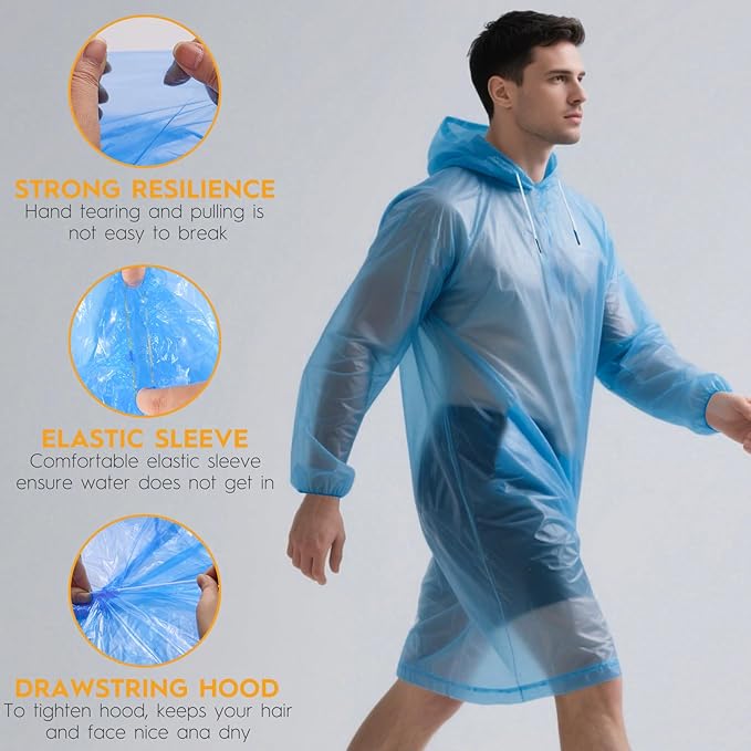 6 & 20 & 50 Pack Disposable Rain Ponchos for Adults/Youth, Waterproof PE Raincoats with Drawstring, Camping/Emergency
