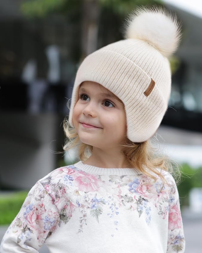 Camptrace Toddler Baby Winter Hat Warm Fleece Lined Knit Kids Hat with Earflap Infant Newborn Pom Beanie Knit Cap Girls Boys
