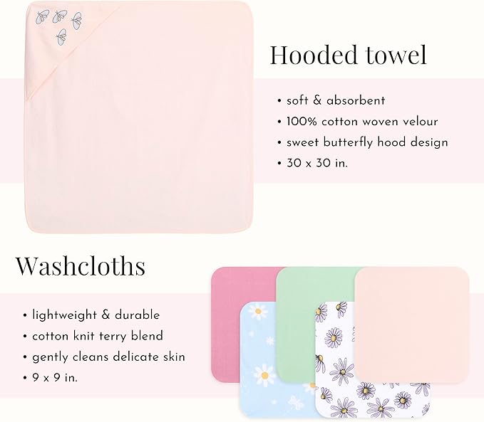 Evolur Secret Garden 6 pc Baby Gift Set, Includes Hooded Towel & 5pc Wash Cloths, Soft and 100% Cotton Woven, for Newborn, Infants and Toddlers 0-9 Months