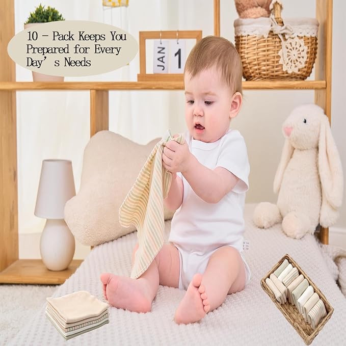 Organic Cotton Baby Washcloths - 10 Pack | Ultra-Soft Newborn Face Bath Towel - Reusable Baby Wipes for Delicate Skin Thin & Lightweight (Multicolor)