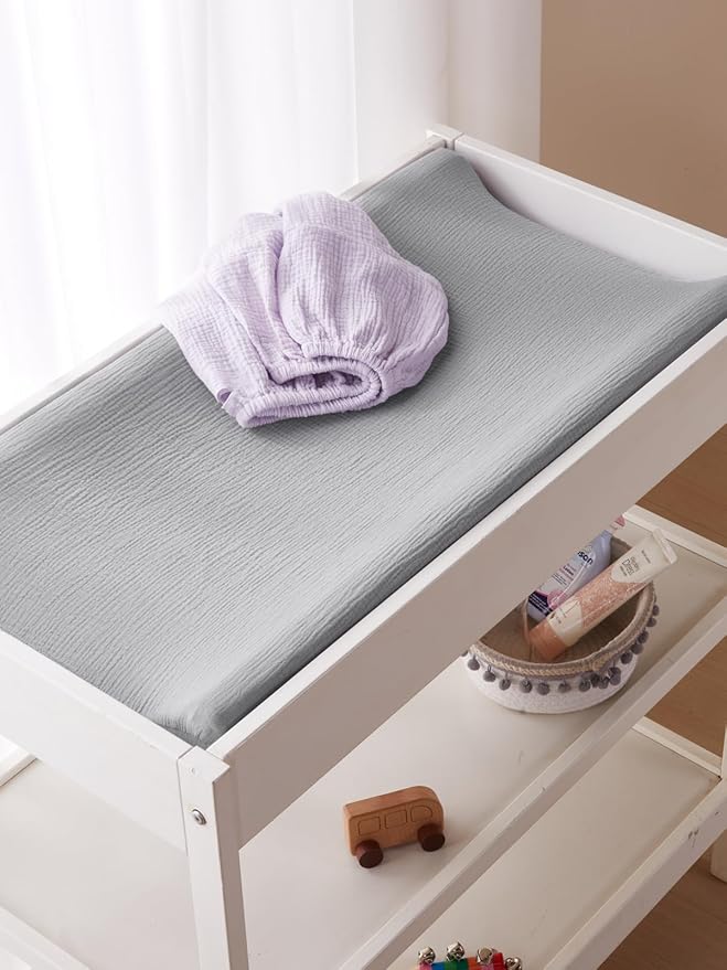 TILLYOU Muslin Changing Pad Cover for Baby Girls Boys, Soft and Breathable Cotton Diaper Changing Table Cover, 2 Pack(Grey&Purple)
