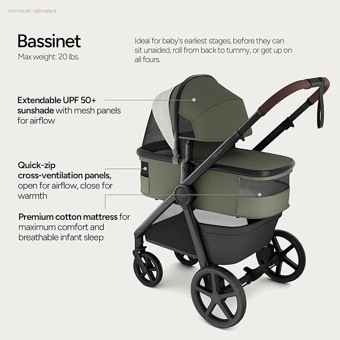 Mompush Ultimate 3 Full Size Baby Stroller with Bassinet from Newborn to 50 lbs - All-Terrain Large Wheels with Full Suspension, Reversible & Extendable Seat for Growing Kids, One-Second Compact Fold