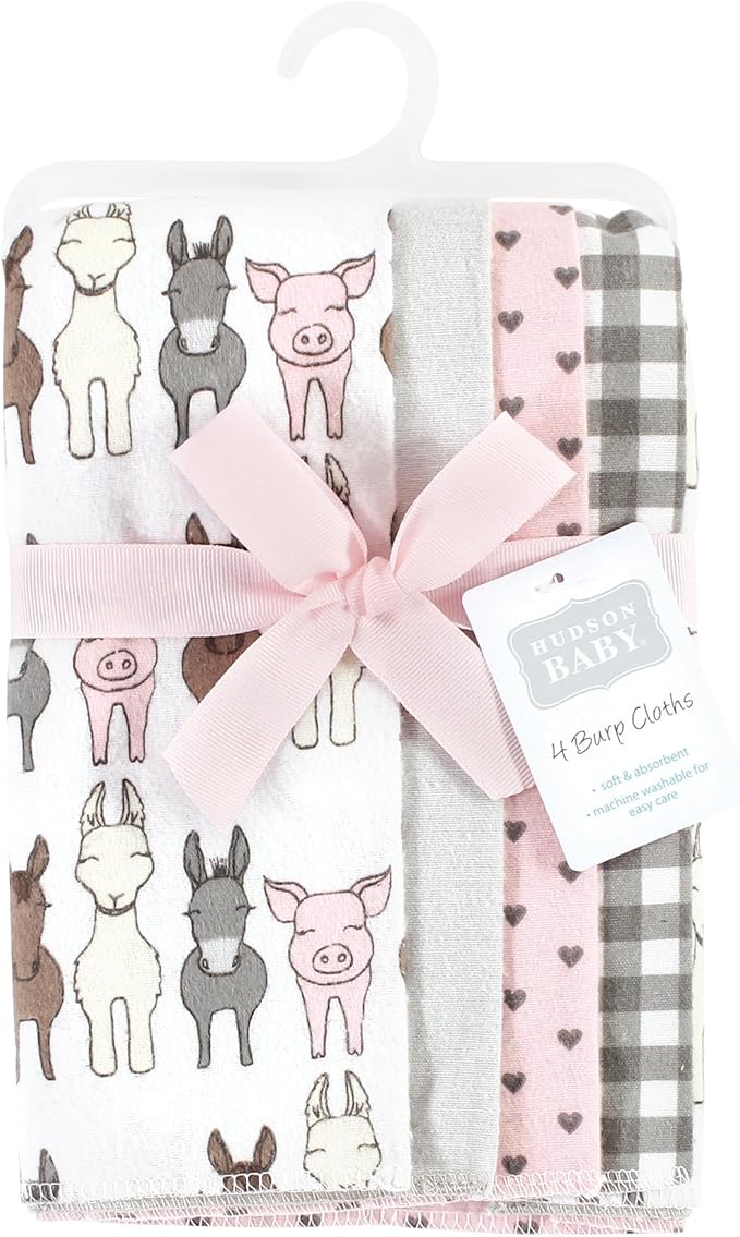 Hudson Baby Cotton Poly Flannel Burp Cloths Multipack, Farm Friends Pink 8-Pack, One Size
