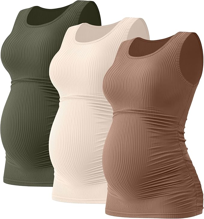 Riyiper 3 Pack Women's Maternity Tank Tops, Sleeveless Cotton Pregnancy Shirts Ribbed Knit Sides Ruched Basic Mama Clothes