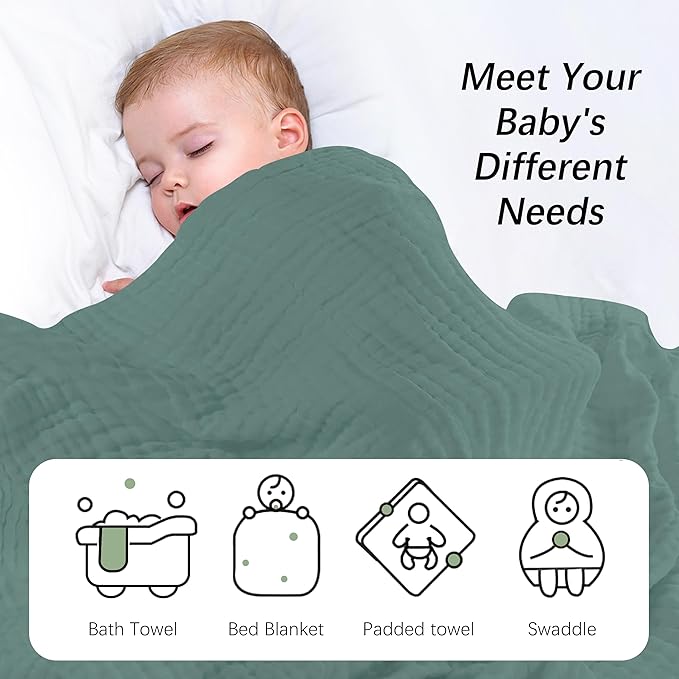 SWEET DOLPHIN Muslin Baby Bath Towels Blanket - 2 Pack 100% Cotton Towel for Babies, Infants, Toddlers - 40x40Inch - Highly Absorbent, Deep Emerald