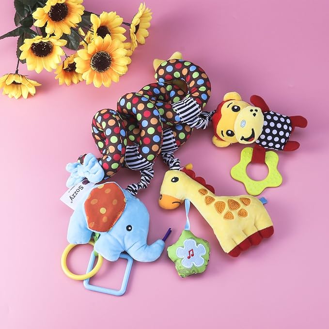 TOYMYTOY Car Seat Stroller Toy: Kid Plush Monkey Elephant Crib Hanging Rattles, Baby Spiral Carseat Bed Stroller Sensory Toy Newborn Essentials