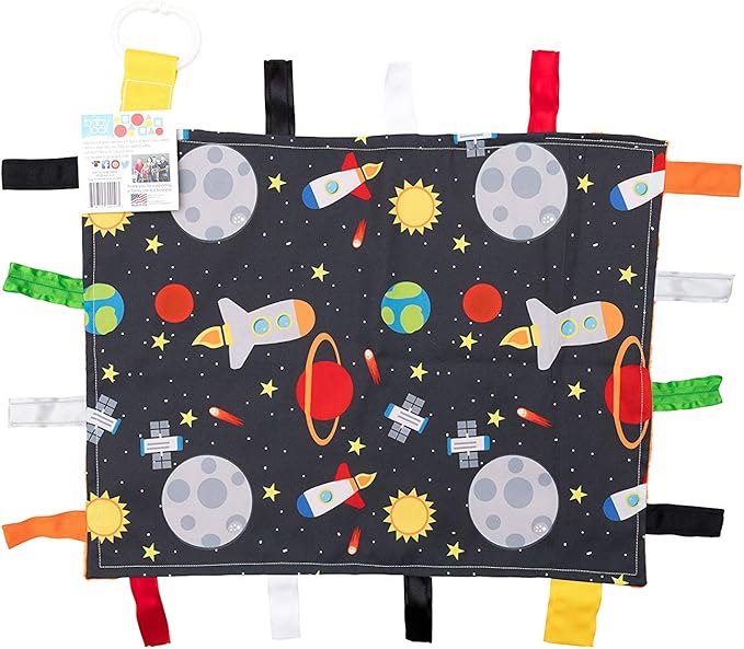Baby Sensory, Security & Teething Closed Ribbon Tag Lovey Blanket with Minky Dot Fabric: 14X18 (Outer Space)