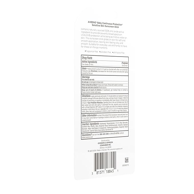 Aveeno Baby Continuous Protection Mineral Sunscreen Stick for Sensitive Skin with Broad Spectrum SPF 50 Protection for Face & Body, Naturally Sourced 100% Zinc Oxide, Travel Size, 0.47 oz