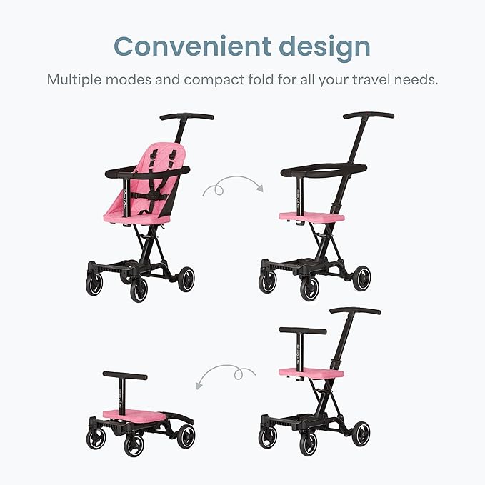 Dream On Me Coast Rider Travel Stroller, Lightweight & Compact Baby Stroller, Theme Park Approved, Book-Folding Design, Adjustable Handle, Soft-Ride Wheels, Converts to Rider & Scooter - Pink