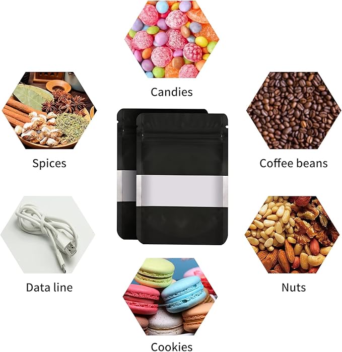 100 Pieces Smell Proof Mylar Resealable Food Storage Bags With Clear Window, Foil Pouch Stand-up for Self Sealing Supplies (Black, 4.7 x 7.8 Inch)