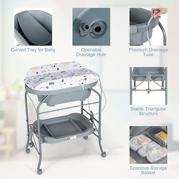 HONEY JOY 2-in-1 Baby Bathtub & Changing Table, Foldable Infant Diaper Changing Station with Wheels, Storage Tray, Waterproof Pad, Portable Newborn Nursery Organizer Bath Stand for Boys Girls (Gray)