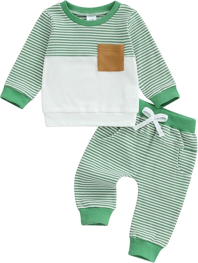 Toddler Baby Boy Fall Outfit Long Sleeve Crew Neck Contrast Color Sweatshirt Top Pant Cute Newborn Infant Waffle Clothes