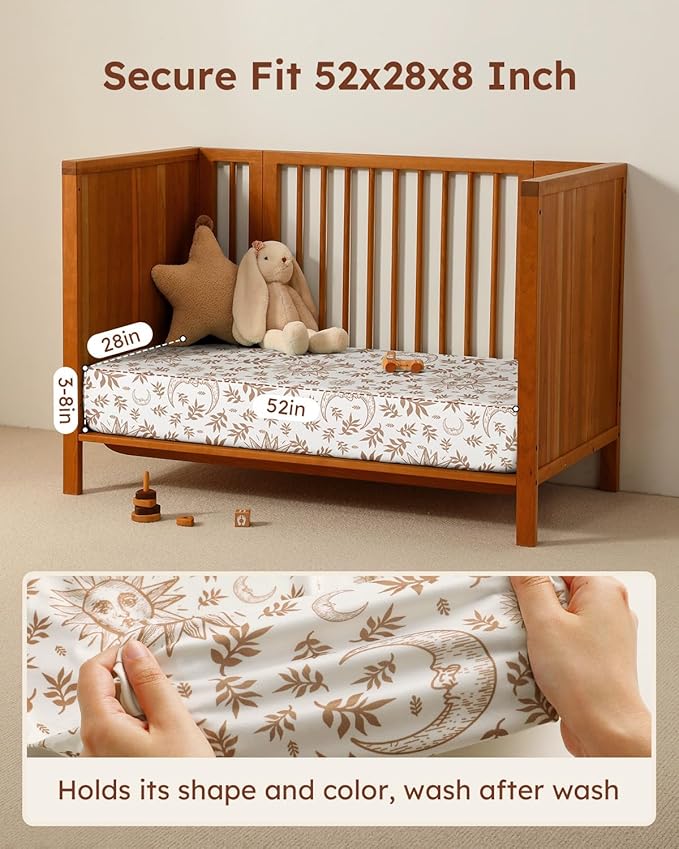 Baby Crib Sheets for Boys Girls, 28x52x8in Fitted Crib Sheet Neutral 3 Pack for Standard Crib and Toddler Mattress, Breathable Soft Microfiber Baby Sheet White Brown Sun God