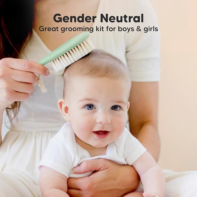 Baby Hair Brush Set for Newborns - Soft Goat Bristle Wooden Baby Brush and Comb Set Newborn Grooming Kit for Cradle Cap, Durable & Gentle, Boy, Girl Infant Essentials Care Kit (Oval, Sage)