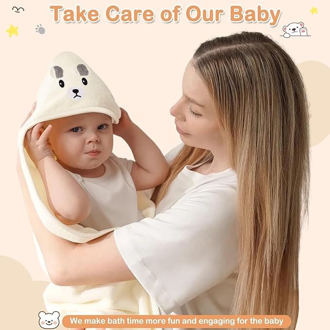4 Pcs Baby Towels Set, 32x32 in Hooded Bath Towel and 3 Pcs Baby Washcloths for Newborns, Toddlers, and Kids, Soft Baby Towels and Washcloths Set for Boys and Girls (White Bear)