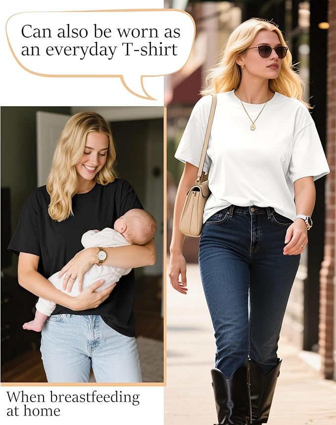 3 Pack Women's Oversize Nursing Breastfeeding Shirts Hidden Zipper Short Sleeve Loose Fit Maternity Tops