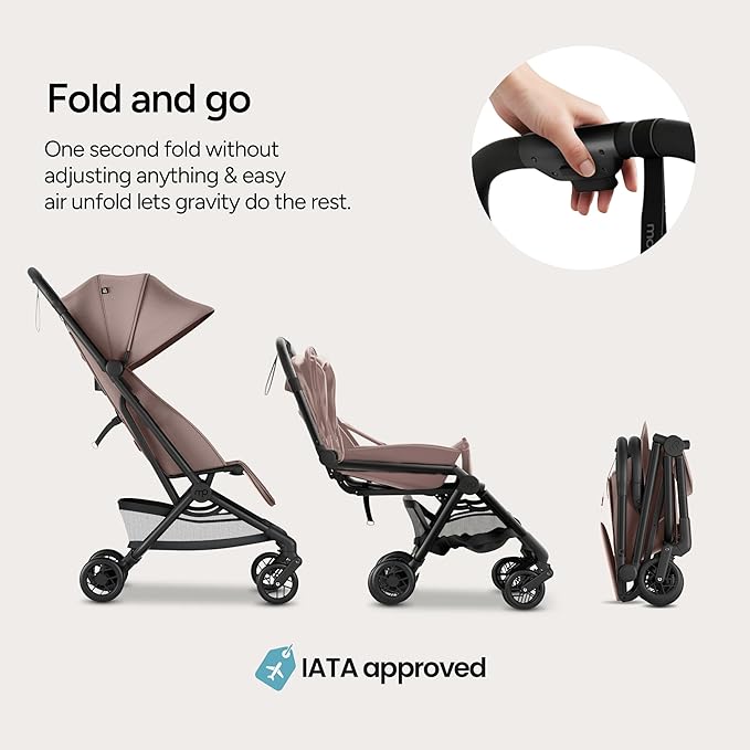Mompush Velo Lightweight Travel Stroller, Compact & Airplane-Friendly for Baby and Toddler, Lie-Flat Seat, One-Hand Fold, with Leather Bumper Bar, Shoulder Strap, Raincover, Storage Bag & Cup Holder