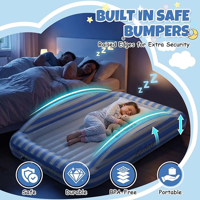 Toddler Travel Bed Inflatable Kids Air Mattress – Portable Toddler Blow Up Sleeping Bed with Safety Bumpers & Rechargeable Pump for Home Camping Beach Mini Water Bed