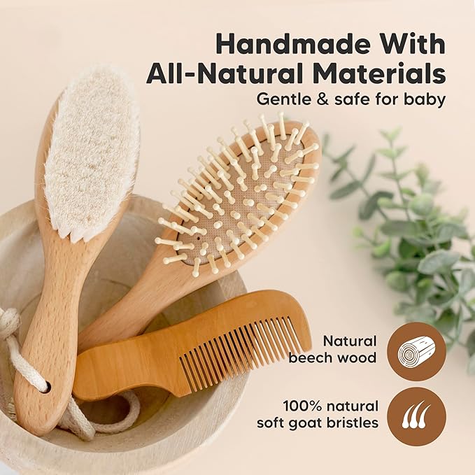 Baby Hair Brush Set for Newborns - Soft Goat Bristle Wooden Baby Brush and Comb Set Newborn Grooming Kit for Cradle Cap, Durable & Gentle, Boy, Girl Infant Essentials Care Kit (Oval, Walnut)