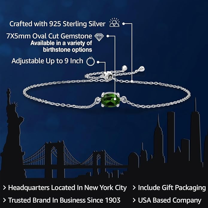 Gem Stone King 7X5MM Oval Gemstone Birthstone Solitaire Bracelet For Women | 925 Sterling Silver | Adjustable Bolo Bracelet For Women | Fine Jewelry Gifts for Her Mom Wife