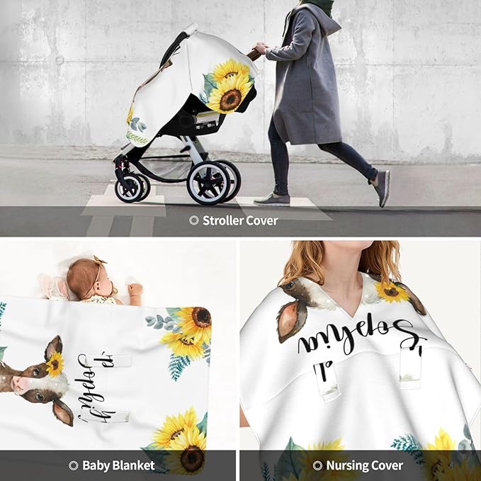 Personalized Baby Car Seat Canopy for Babies with Name, Custom Sunflower Cow Stroller Car Seat Covers for Girls, Minky Nursing Carseat Cover for Breastfeeding, Car Seat Canopies for Newborn