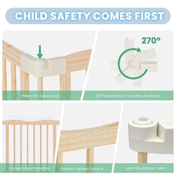 Foldable Wooden Playpen - Adjustable Wood Baby Play Yard with Child-Proof Lock, Indoor Large Safety Fence for Babies and Toddlers - Easy Assembly, 55 x 55 x 24 inches, Nature Nest