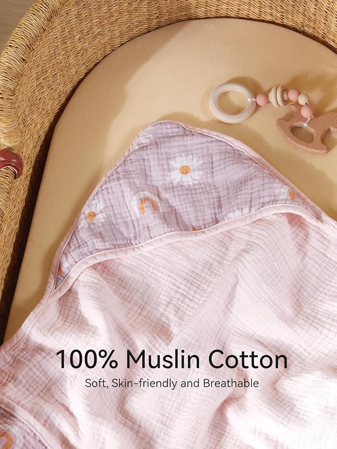 TILLYOU Muslin Hooded Baby Towels for Newborn 2 Pack, 32x32Inch Soft Baby Bath Towel Highly Absorbent for Newborn and Infant, Essential for Newborn Care, Pink Butterfly