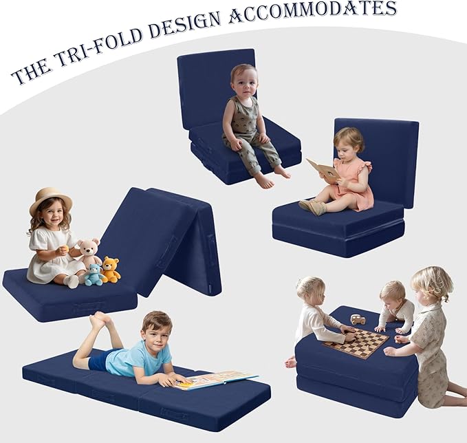 MeMoreCool Foldable Floor Mattress Kids Trifold Mat, Kids Folding Mattress Portable Futon, 75x25 Inch Navy Blue