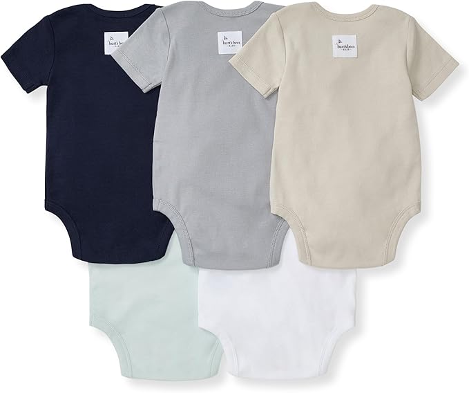 Burt's Bees Baby Bodysuits, Short Sleeve and Long Sleeve One-Pieces, 100% Organic Cotton, Pack of 5
