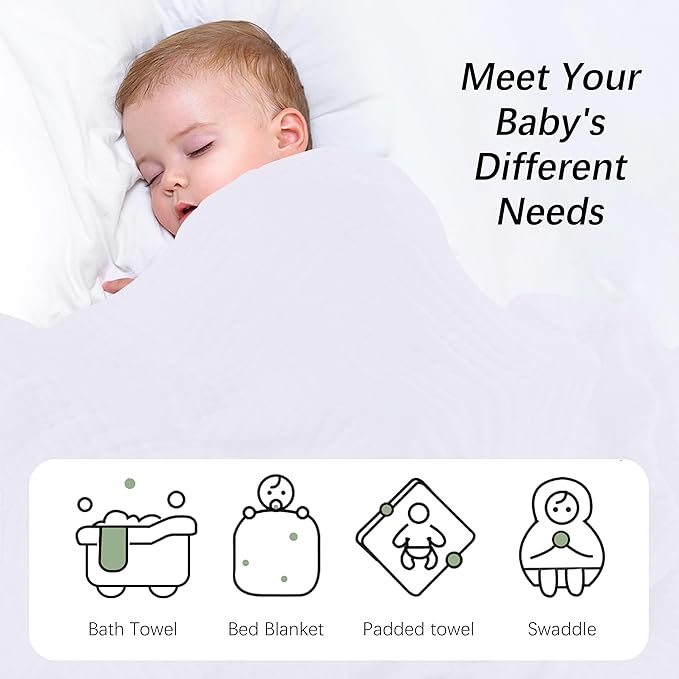 SWEET DOLPHIN Muslin Baby Bath Towels Blanket - 2 Pack 100% Cotton Towel for Babies, Infants, Toddlers - 40x40Inch - Highly Absorbent, White