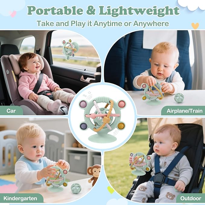 TYRY.HU Silicone Baby Teething Toys for Babies 0-6 6-12 Months, Multi Purpose High Chair Toys, Baby Suction Table Toys, Teething Relief Chew Toy, Sensory Rattle Toy with Textures for Infants, Green