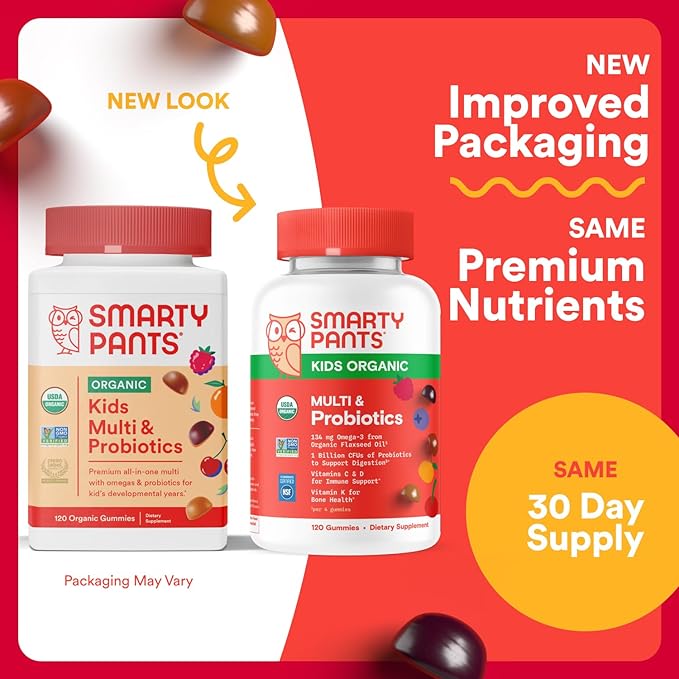 SmartyPants Organic Kids Multivitamin Gummies: Probiotics, Omega 3 (ALA), Vitamin D3, C, Vitamin B12, B6, A, K & Zinc for Immune Support, Biotin, Three Fruit Flavors, 120 Count (30 Day Supply)