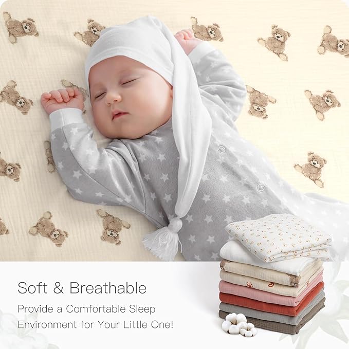 100% Organic Cotton Muslin Pack and Play Sheets Fitted 38”x26”, Mini Crib Sheets Compatible with Graco/hiccapop/YENING/Dream On Me/Babylicious Pack N Play Mattress, Playard Bedding Sheet Bed Cover