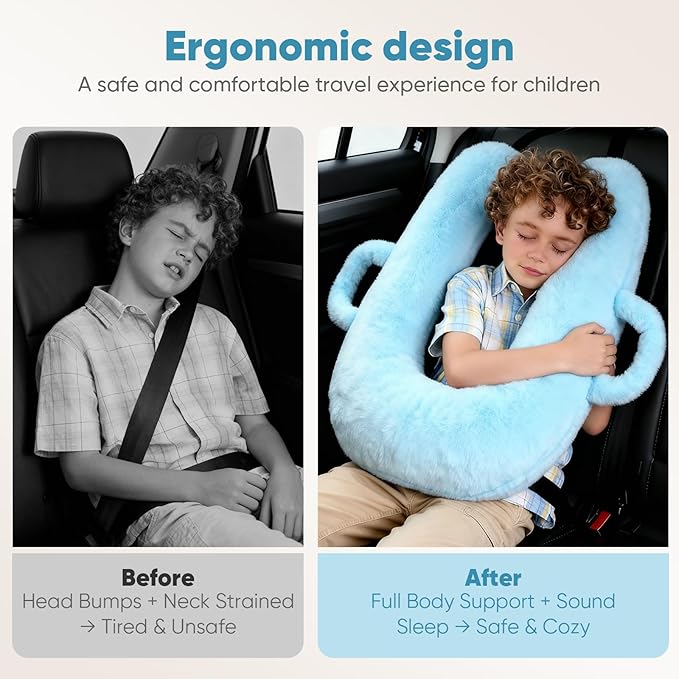 Car Pillow for Kids, Travel Pillow for Car Sleeping, Head and Neck Support Cushion with Removable Inner Insert, Washable Cover (Blue)