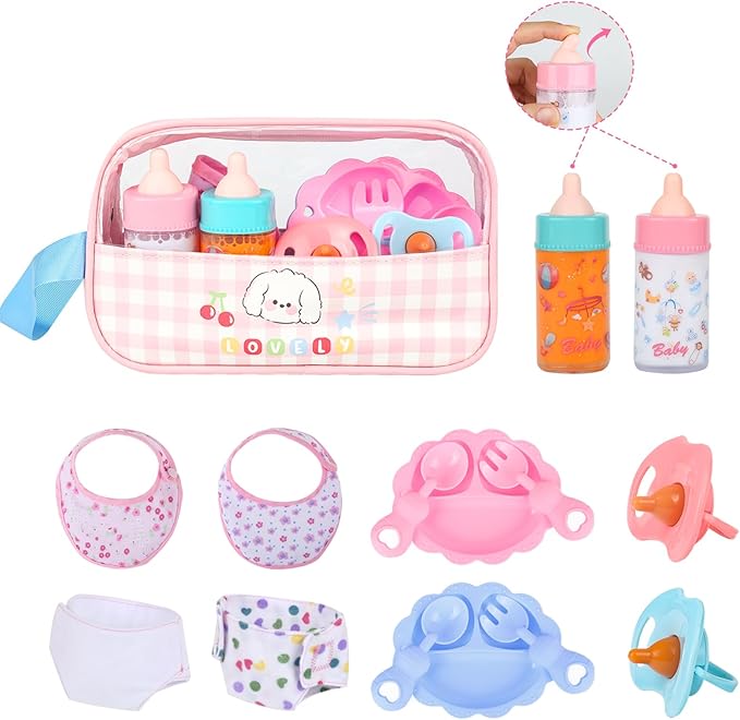 Baby Doll Accessories Set – 7 Pcs Feeding Bottle Toys, Magic Disappearing Milk & Juice, Pretend Play Set with Pacifiers, Reusable Bibs and Diapers, Kids Gift