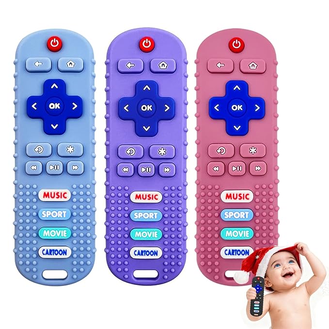 3 Pack Remote Control Shape Silicone Teethers for Babies Chew Toys, Teething Toys for Infant Toddlers,Baby Remote Control Toy, teethers for Babies 6-12 Months (Purple&Blue&Pink)