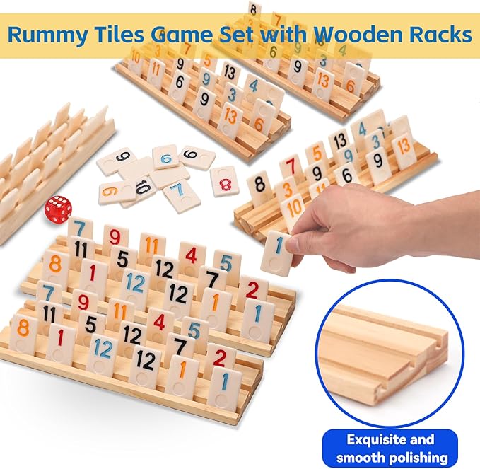 Upgraded Rummy Cube Game Set 6-8 Players with 8 Wooden Holders and 214 Rummy Tiles, Travel Family Board Game for Adults and Kids Age 8+,Birthday Gifts for Women Men Dad Mom