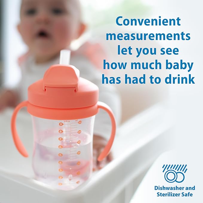 Dr. Brown's Milestones Baby's First Straw Cup, Training Cup with Weighted Straw, 9 oz/270 mL, BPA-free, 6m+, Coral/Olive Green, 2-Pack
