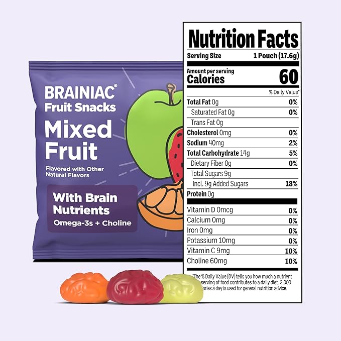 Brainiac Fruit Snacks, Mixed Fruit, Brain Boosting Patented BrainPack Ingredients with Omega-3s DHA/EPA and Choline, Functional and Nutritious Snacks, 40ct