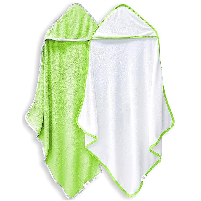 2 Pack Baby Bath Towel - Rayon Made from Bamboo, Ultra Soft Hooded Towels for Kids - X Large Size for 0-7 Yrs (White and Green, 37.5 x 37.5 Inch)