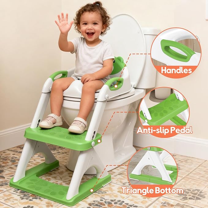 SKYROKU Potty Training Seat for Toddlers – 2-in-1 Adjustable potty ladder with Step Stool, Anti-Slip Cushion, Splash Guard & Extra-Wide Pedals, Supports 200+ lbs, Ideal for Boys & Girls (8899-Green)