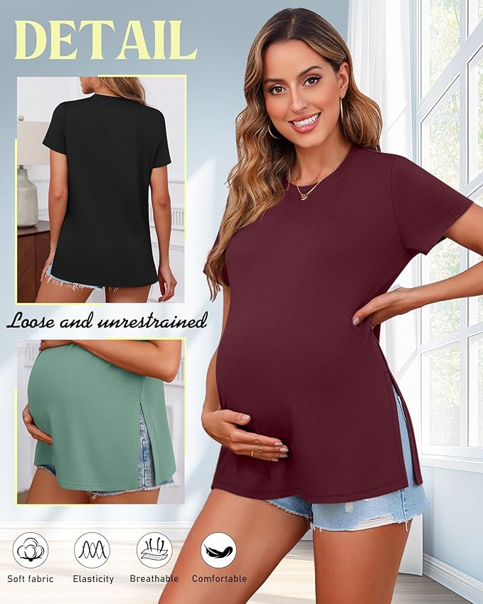 Ficerd 3 Pack Women's Maternity T Shirts, Short Sleeve Side Split Pregnancy Tops Casual Crew Neck Pregnant Tees Mama Clothes