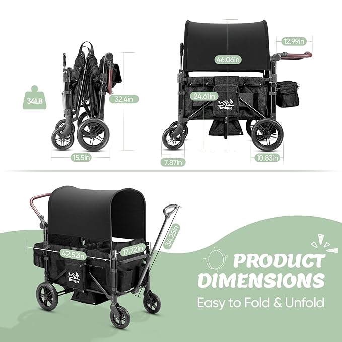 Stroller Wagon for 2 Kids,Premium Wagon for Kids with Removable Canopy,Snack Tray,All-Terrain PU Wheels & Adjustable Push/Pull Handle (Black)