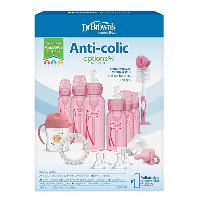 Dr. Brown's Anti-Colic Options+ Special Edition Pink Baby Bottle Gift Set with Sippy Spout Cup, Happy Paci Pacifier, Teether, Bottle Brush and Travel Caps (Pacifier/Teether Style May Vary)