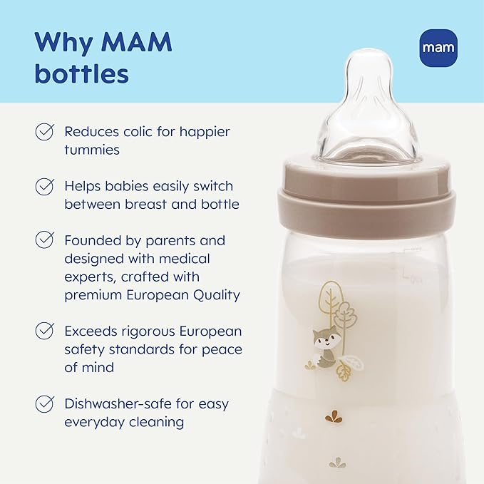 MAM 9oz Easy Start Anti-Colic Baby Bottles, Medium Flow with 2 Bonus Nipples Set (Fast & Extra Fast Flow), Reduces Colic, Gas, & Reflux, Easy-to-Clean, BPA-Free, 2+ Months, Made in Europe Pack of 6